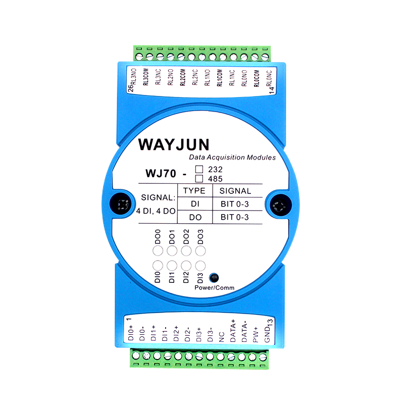 WJ70系列 四路DI四路繼電器輸出，RS-485/232數據采集遠程IO模塊